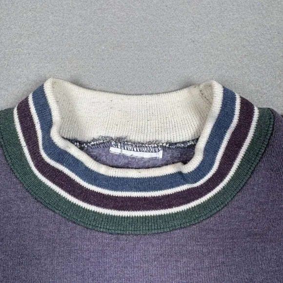 Vintage Purple Striped Trim Crewneck Sweatshirt Retro Pullover Cut Tag (Medium) - Picture 2 of 9